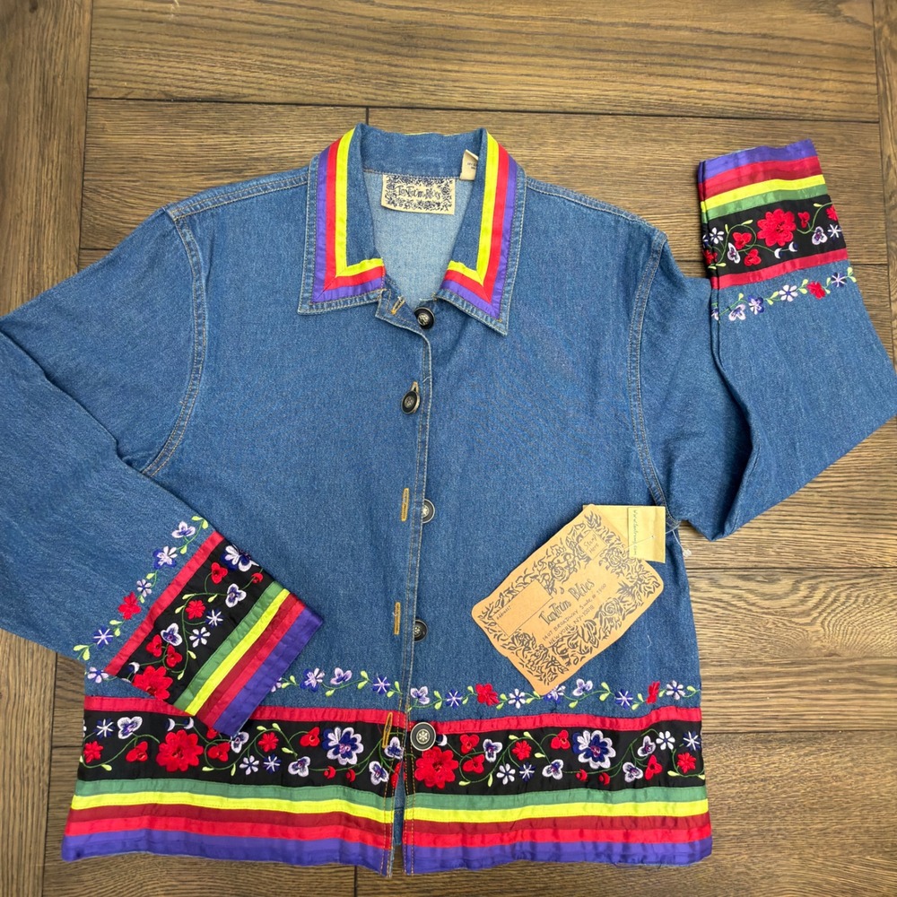Tantrum Blues Women Denim Jacket Floral Embroidered Ribbon Trim Blue Vintage NWT